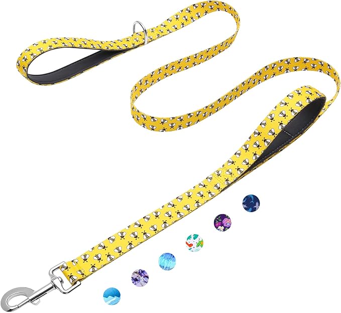 4ft Dog Leash with Two Padded Handles, Heavy Duty Strong Nylon Pet Leash with Soft Neoprene Handle for Small Medium Large Dogs, Yellow Bee