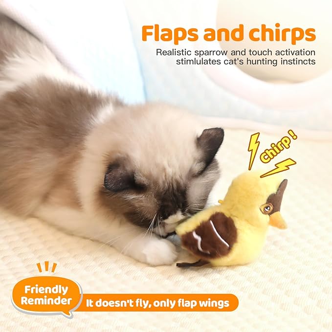 Cat Toys Flapping Bird (No Flying)，Rechargeable Touch-Activated Interactive Toy with Lifelike Chirp for Indoor Cats & Kittens Exercise (Goldfinch