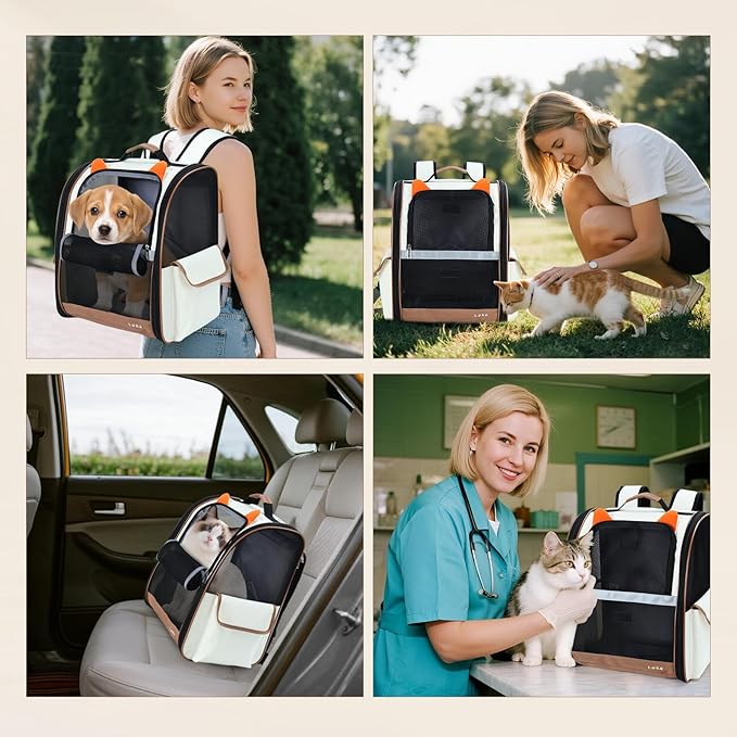 Lekereise Ventilated Cat Backpack Carrier, Pet Carrier Backpack Airline Approved for Small Dogs Medium Cats Fit Up to 18 Lbs, Dogs Foldable Backpack Carrier for Travel, Hiking, Beige-Orange Ears