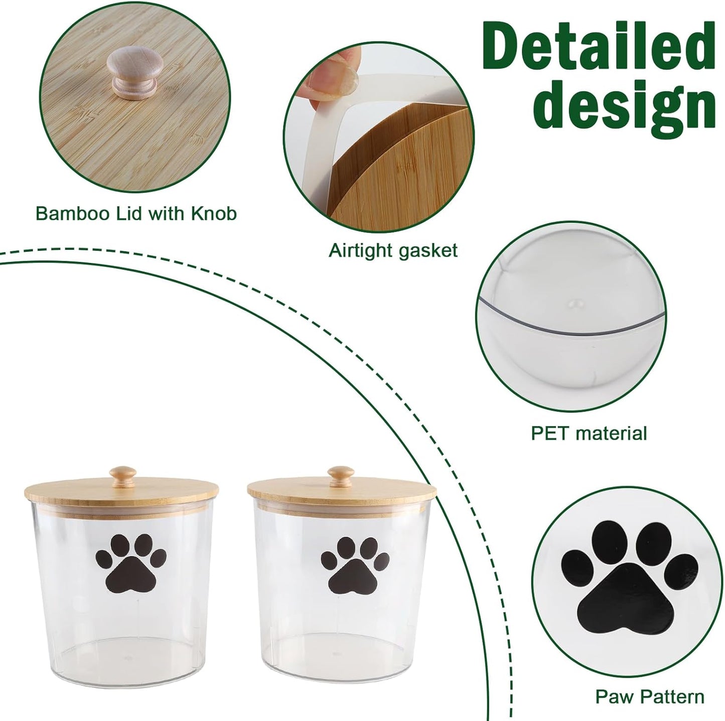2 Pack Airtight Dog Treat Container,85oz Dog Cat Food Storage Container with Bamboo Lids,Puppy Cookie Jar,Up to 5~6LB,Pet Treat Canister with Scoops,Food Tong,Pen-Round