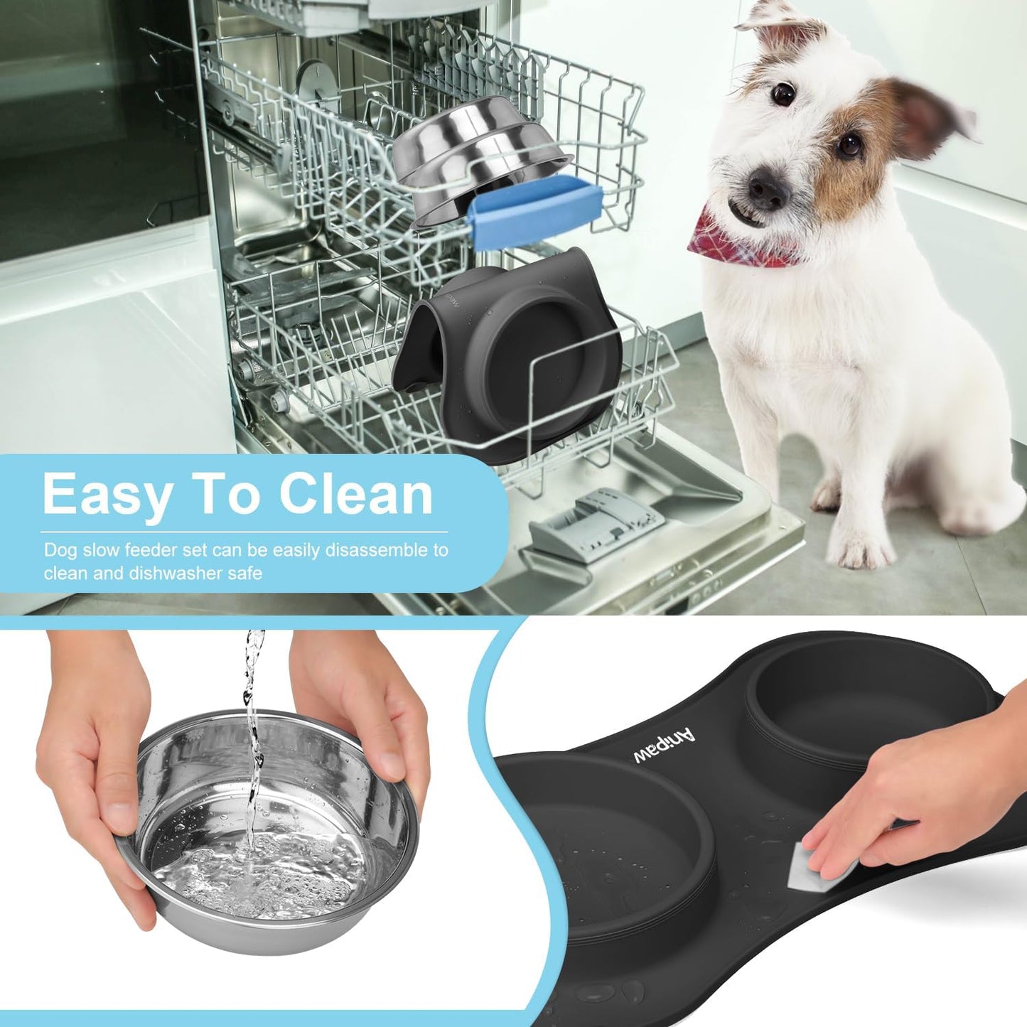 Slow Feeder Dog Bowls 3 in 1 Stainless Steel Dog Food and Water Bowls with Non-Spill Non-Skid Silicone Mat to Slow Down Eating for Large Medium Small Breed Size Dogs and Cats (Grey Blue)