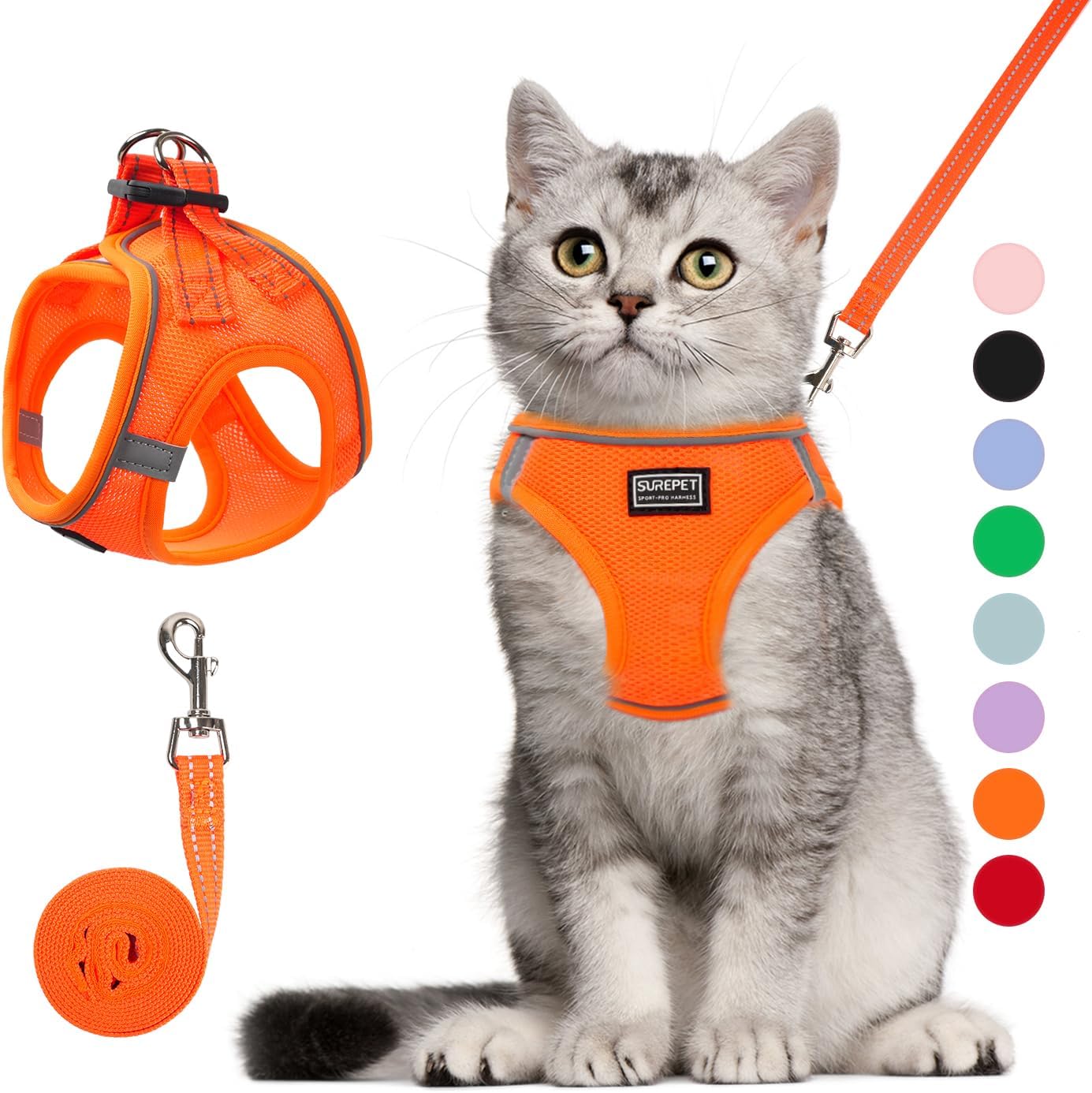 Cat Harness and Leash Set, Soft and Breathable Vest with Reflective Strip, Escape Proof Kitten Harness, Easy to Wear for Cats Walking and Traveling (Orange, XXS)