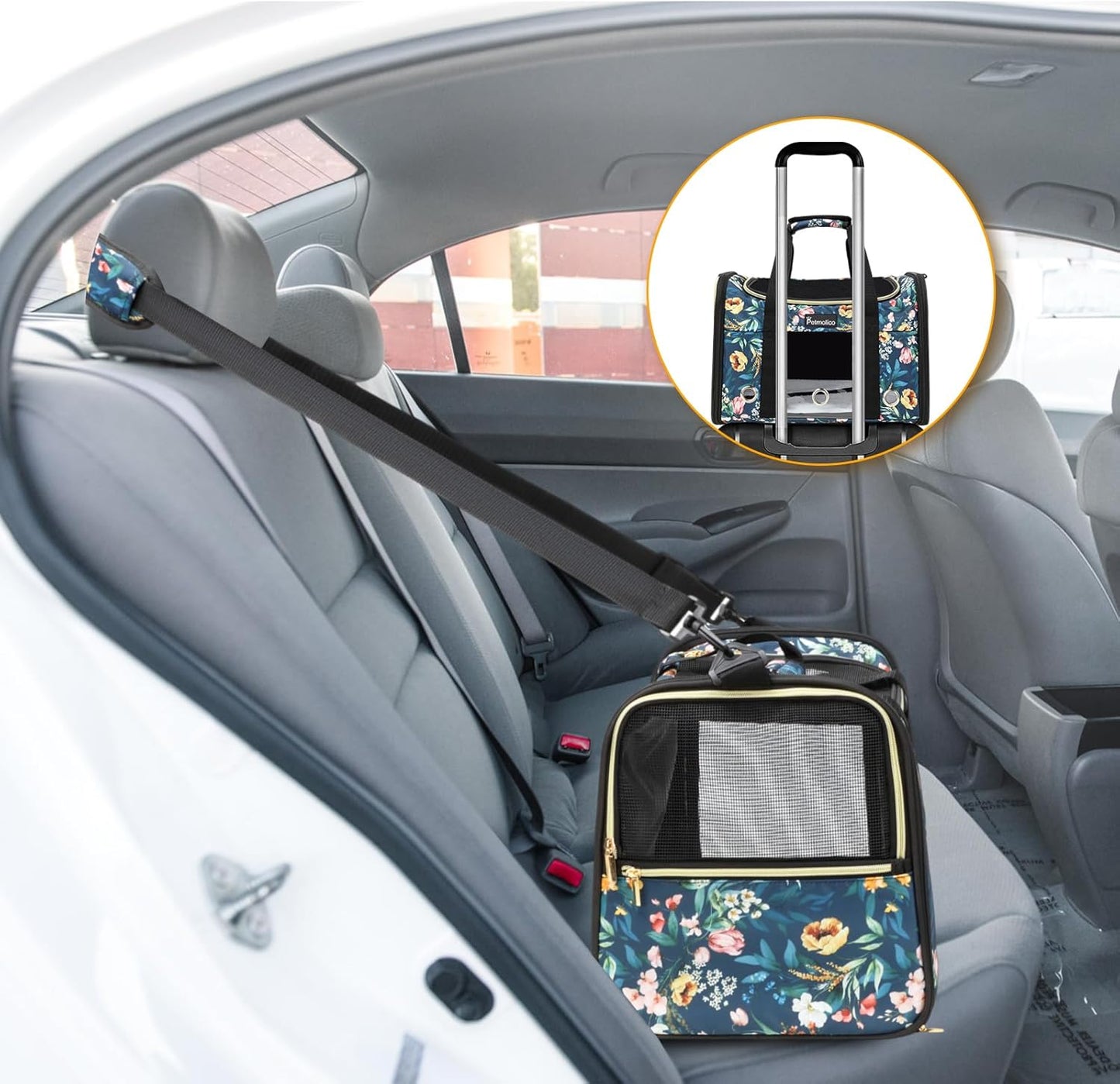 Petmolico Cat Carrier Soft-Sided Pet Bag for Small Medium Cats Puppies 16LBs - Airline Approved Pet Travel Carrier 3 Open Doors (Medium,Green Peony)