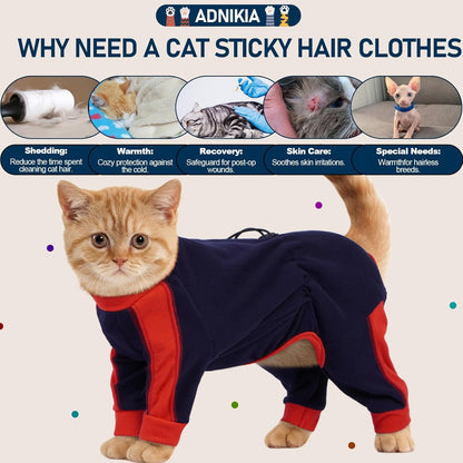 Cat Pajamas for Cats Only, Sticky Hair Cat Clothes, Long Sleeve Sphynx Clothes, Anti-Licking or Skin Disease Recovery Suit for Female Cats, Kitten Onesie Pajamas, DarkBlue, L