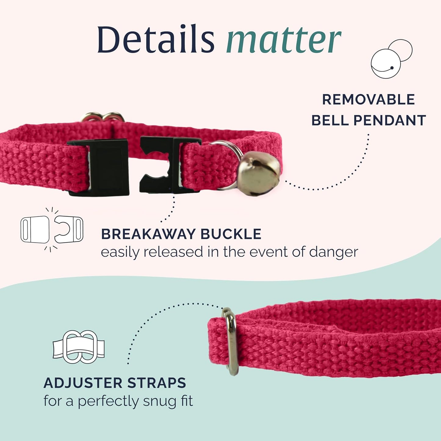 Hepper Hemp Safety Breakaway Cat Collar with Bells - Adjustable Large to Small Kitten Collar with Bell - Cat Collars for Girl Cats/Cat Collars for Boy Cats - Minimalist Cute Cat Collar with Cat Bells
