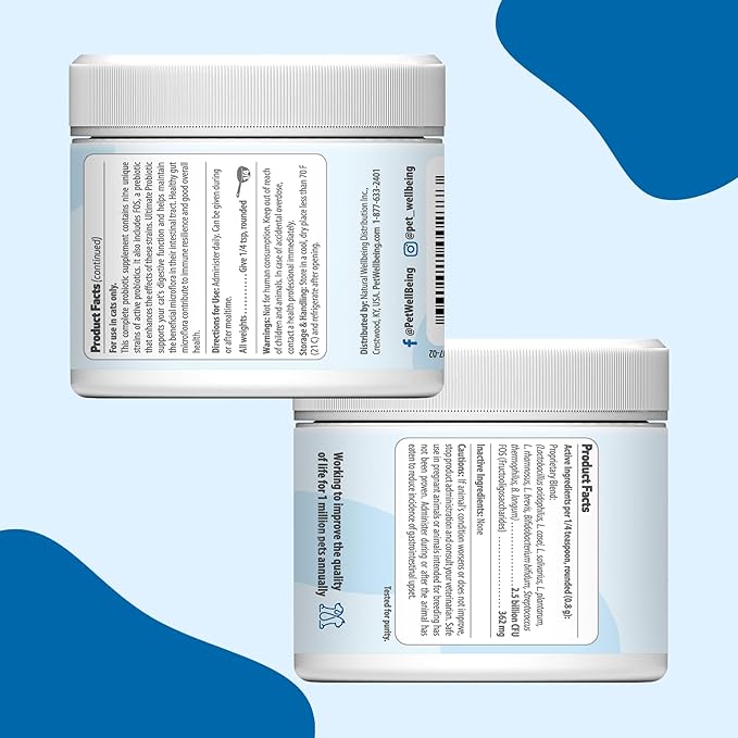 Pet Wellbeing Ultimate Probiotic 9 Strains with Prebiotics for Cats - Supports the Gut Microbiome and Digestion, Immune System Care, Urinary Tract Health, FOS, 2.5 billion CFU - 5.64 oz (160 g) Powder