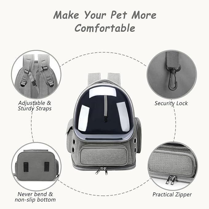 Cat Carrier with Groomer, Breathable Cat Bubble Carrier for Cats or Small Dogs up to 20 lbs, Collapsible Airline Approved, Clear Cat Travel Backpack (Grey)