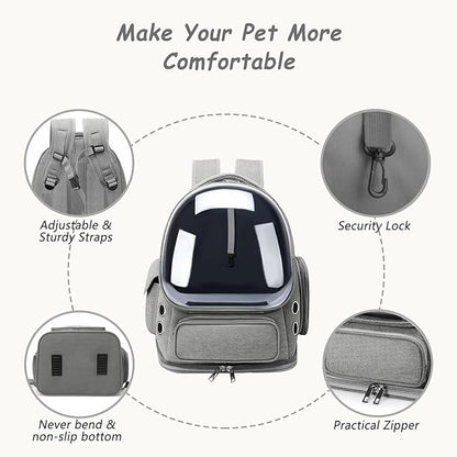 Cat Carrier with Groomer, Breathable Cat Bubble Carrier for Cats or Small Dogs up to 20 lbs, Collapsible Airline Approved, Clear Cat Travel Backpack (Grey)