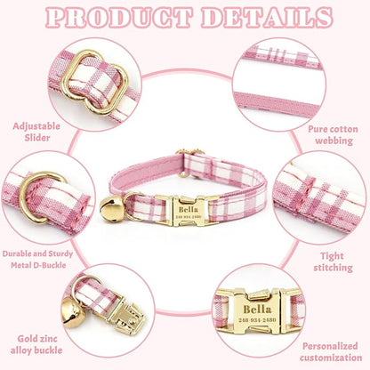 Personalized Cat Collar with Custom Name Plate, Customize Engraved Metal Buckle, Adjustable Cute Plaid Cat ID Tag Collars with Bell