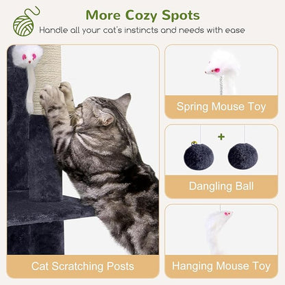 Globlazer Cat Tree Tower for Indoor Cats, 50-inch Adult Cat Tree House for Large Adult Cats with Steps, Scratching Post, 2 Cat Caves, Dangling Toys, FC50, Dark Grey