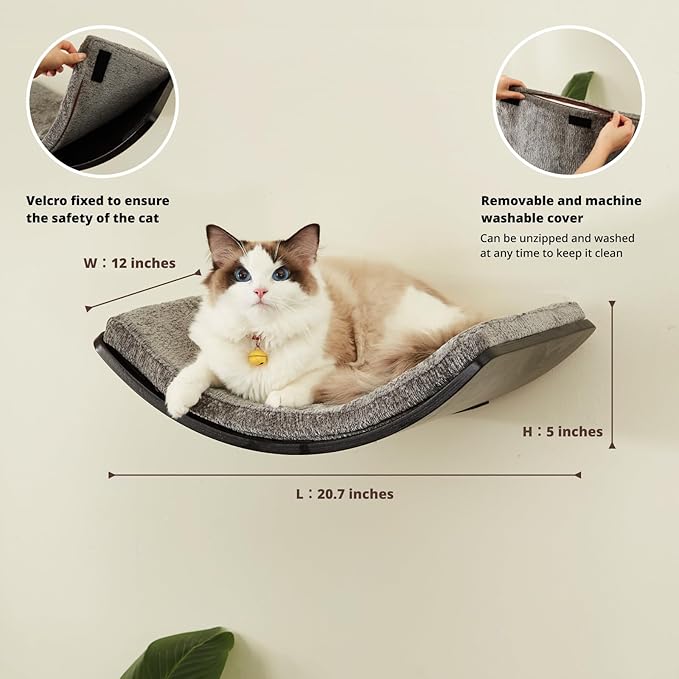 Cat Shelf with Comfortable Cushion - Curved Modern Cat Bed (Large Size) - Lotus Leaf Design Cats Wall Perch - Wall Mounted Cats Furniture for Sleeping, Playing, Climbing, and Lounging, Walnut