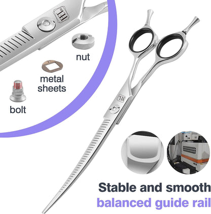 Professional Curved Thinning Scissors for Dog Grooming, 30-Degree Curvature, Japanese 440C for Trimming Dogs Cats and Other Pets face and paws