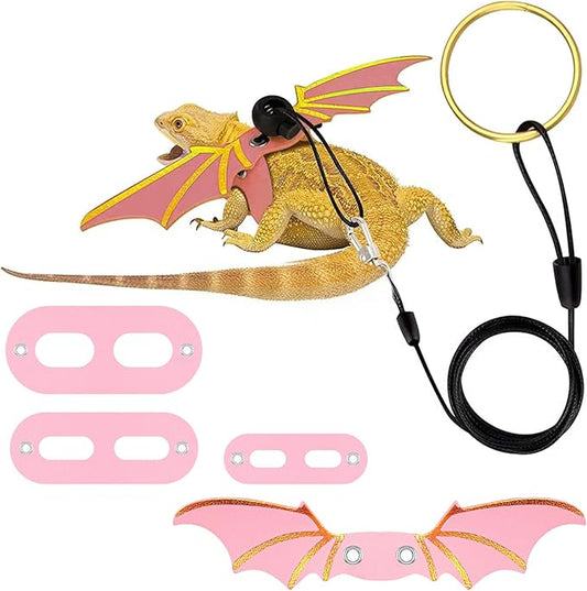 3PCS Pink Bearded Dragon Harness and Leash, Adjustable Lizard Harness with Wings for Reptile Lizard, Amphibians, Outdoor Walking Vest with Traction Rope (S, M, L)
