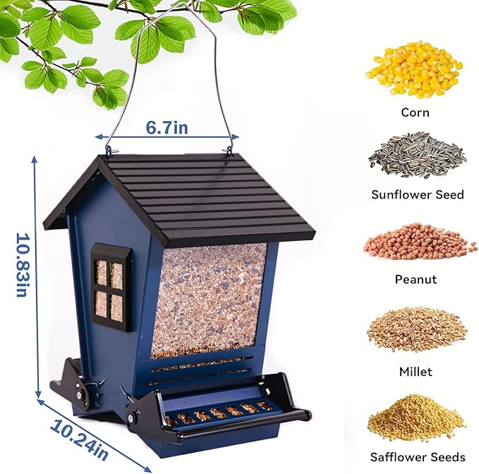 LSCQYYCC-Bird Feeder Squirrel Proof Metal Hanging for Outdoor Wild Bird Seed, with Bilateral Weight-Activated Perches, Large Feeder That Attracts Cardinals, Chickadees, and More Birds-One in Blue