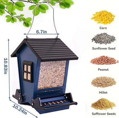 LSCQYYCC-Bird Feeder Squirrel Proof Metal Hanging for Outdoor Wild Bird Seed, with Bilateral Weight-Activated Perches, Large Feeder That Attracts Cardinals, Chickadees, and More Birds-One in Blue