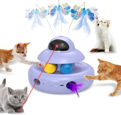 Cat Toy,Purple 4-in-1 Interactive,Cat Toys for Bored Indoor Adult Cats,Electric Flying Butterfly,Rechargeable Automatic Toy,Moving Ambush Feather,Track Balls