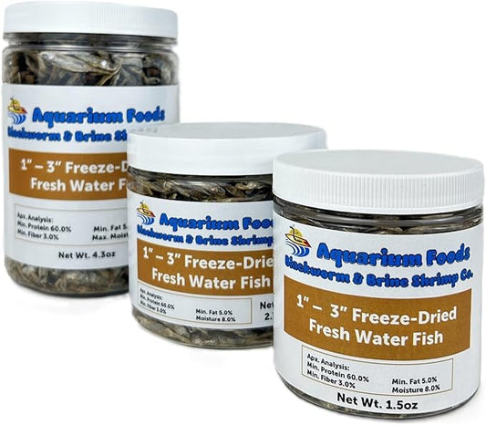 Aquatic Foods Inc. Freeze Dried 1"- 3" Fresh Water Fish for Piranhas Large Fish, Land and Aquatic Turtles, Rodents, Reptiles, Lizards, Cat Treats & More…1.5oz Sm Round Jar