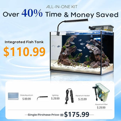 10 Gallon Aquarium Set Glass Fish Tank, with Heater Self Cleaning System Filter with Media Bright Light, Leak-Proof Clear Rimless Betta Tropical Freshwater Fish