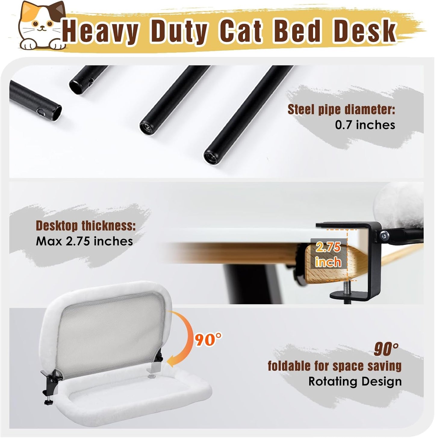 IPOW Heavy Duty Steel Frame Supports up to 50lbs Cat Desk Bed & Perch Space-Saving 90°Foldable with Soft Ultra-Plush Faux Fur for Small Medium Large Cats