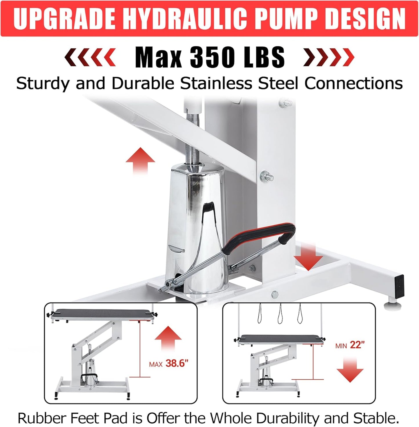 Professional Hydraulic Dog Grooming Table Heavy Duty 350Lbs, Adjustable Overhead Arm & Noose, Non-Slip PVC Top for Large Dogs, Salon-Grade Pet Grooming Station (White)