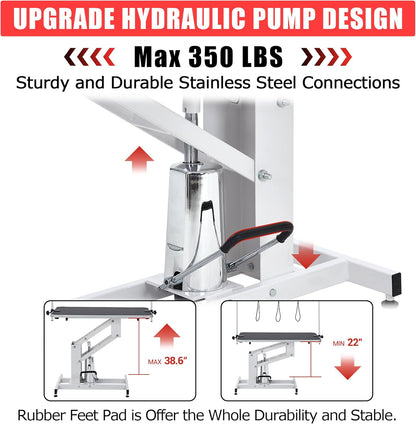 Professional Hydraulic Dog Grooming Table Heavy Duty 350Lbs, Adjustable Overhead Arm & Noose, Non-Slip PVC Top for Large Dogs, Salon-Grade Pet Grooming Station (White)