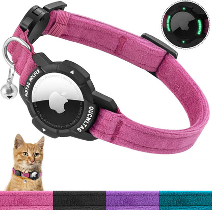 Luminous AirTag Cat Collar Breakaway, OUCWLTAG GPS Cat Collar with Apple Air Tag Holder, Cat Tracker Collars with Safety Elastic Band for Girl Boy Cats, Kittens and Puppies (Pink, 9-13 Inch)