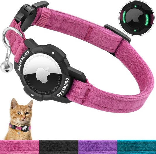 Luminous AirTag Cat Collar Breakaway, OUCWLTAG GPS Cat Collar with Apple Air Tag Holder, Cat Tracker Collars with Safety Elastic Band for Girl Boy Cats, Kittens and Puppies (Pink, 9-13 Inch)