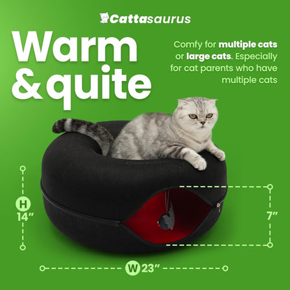 Cattasaurus Unique Gothic Peekaboo Cat Cave for Multiple & Large Cats Up to 30-45 Lbs, Scratch Detachable & Washable Tunnel Bed, Comfy Donut Cat Cave (Gothic Bat, Large)