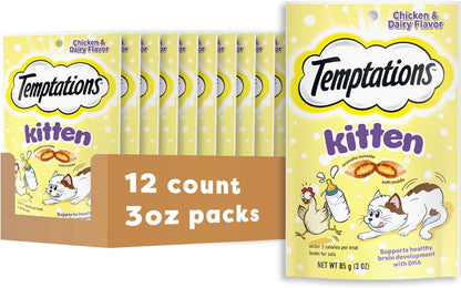Temptations Kitten Crunchy and Soft Cat Treats Chicken and Dairy Flavor, 3 oz. Pouch, (Pack of 12)