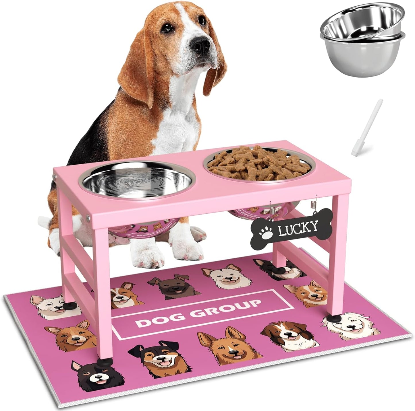 Elevated Dog Bowls, 10" Tall Height, ADENGL Raised Bowl Stand with 2 Stainless Steel Food Feeder Bowls (60oz) and Spill-Proof Mat for Medium Large ＆ Small Breeds, Pink