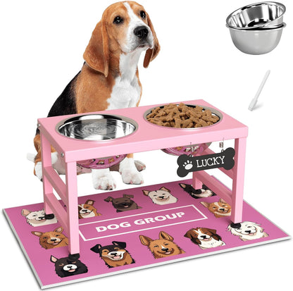 Elevated Dog Bowls, 10" Tall Height, ADENGL Raised Bowl Stand with 2 Stainless Steel Food Feeder Bowls (60oz) and Spill-Proof Mat for Medium Large ＆ Small Breeds, Pink