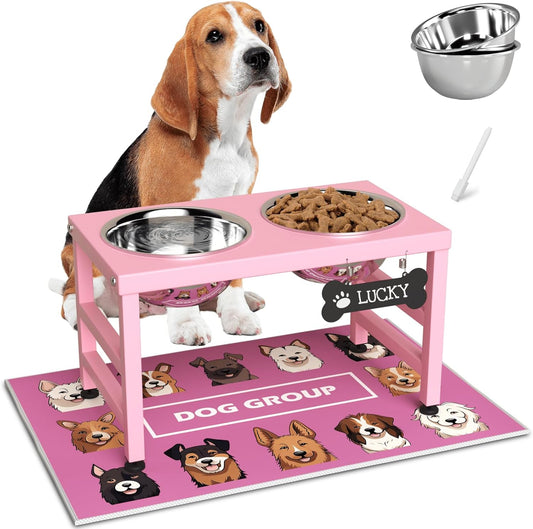 Elevated Dog Bowls, 10" Tall Height, ADENGL Raised Bowl Stand with 2 Stainless Steel Food Feeder Bowls (60oz) and Spill-Proof Mat for Medium Large ＆ Small Breeds, Pink