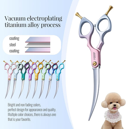 Professional Curved Dog Grooming Scissors with Sharper Self Grinding lightweight and finely trimmed split structure 6.5'' Japan VG10 63HRC for small dogs cat pet(Pink&Gray)