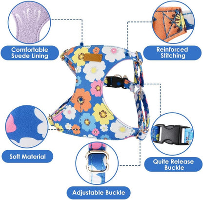 SlowTon No Pull Dog Harness with Leash - Soft Lightweight Floral Pattern Puppy Harness, Adjustable Pet Harness for Small Medium Dogs (Blue Flower M)