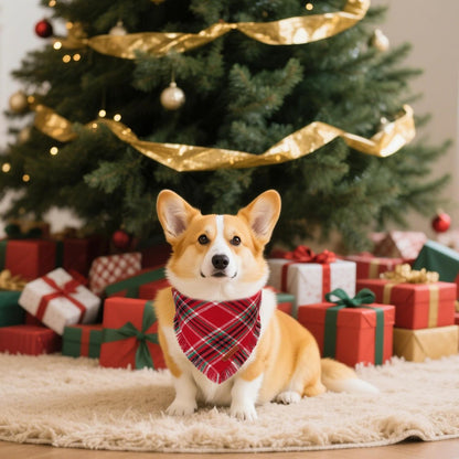 ADOGGYGO Christmas Dog Bandanas with Tassels, Stylish Plaid Xmas Puppy Scarf Bib, Soft Cotton Fabric, Red Plaid Christmas Bandanas for Small Dogs (Small)