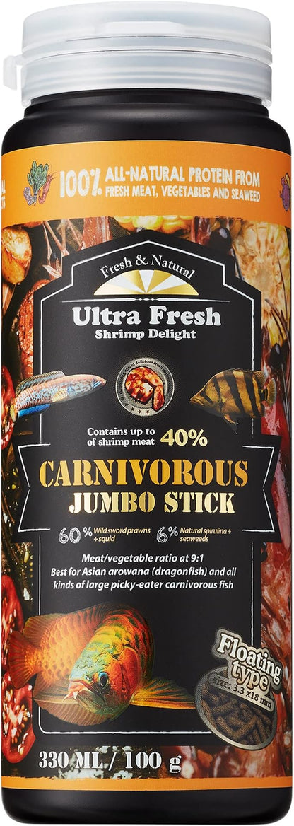 Ultra Fresh Monster Fish Food, Wild Sword Prawns, Floating Sticks for Oscars, Bass, Large Cichlids and Tropical Fish, Carnivorous Jumbo Stick 3.53 oz