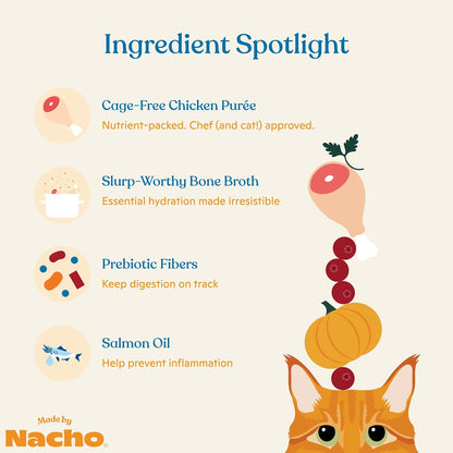 Made by Nacho Digestive Support Cage-Free Chicken Puree Meal Topper with Bone Broth, Add Digestion Support to Dry Cat Food and Kibble, Hydration and High Fiber, Limited Ingredients, 36 Count
