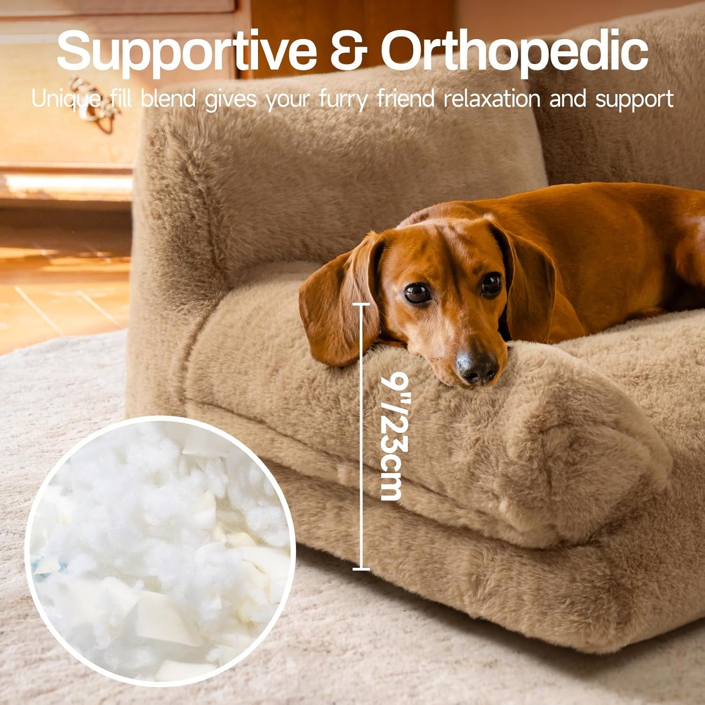 MEWOOFUN Cat Bed for Indoor Cats, Washable Dog Beds for Small Medium Dogs & Cats, Fluffy Cat Couch with Non-Slip Bottom, 26×19×13 Inch (Camel, 33.5" L x 25.6" W x 11.5" Th)