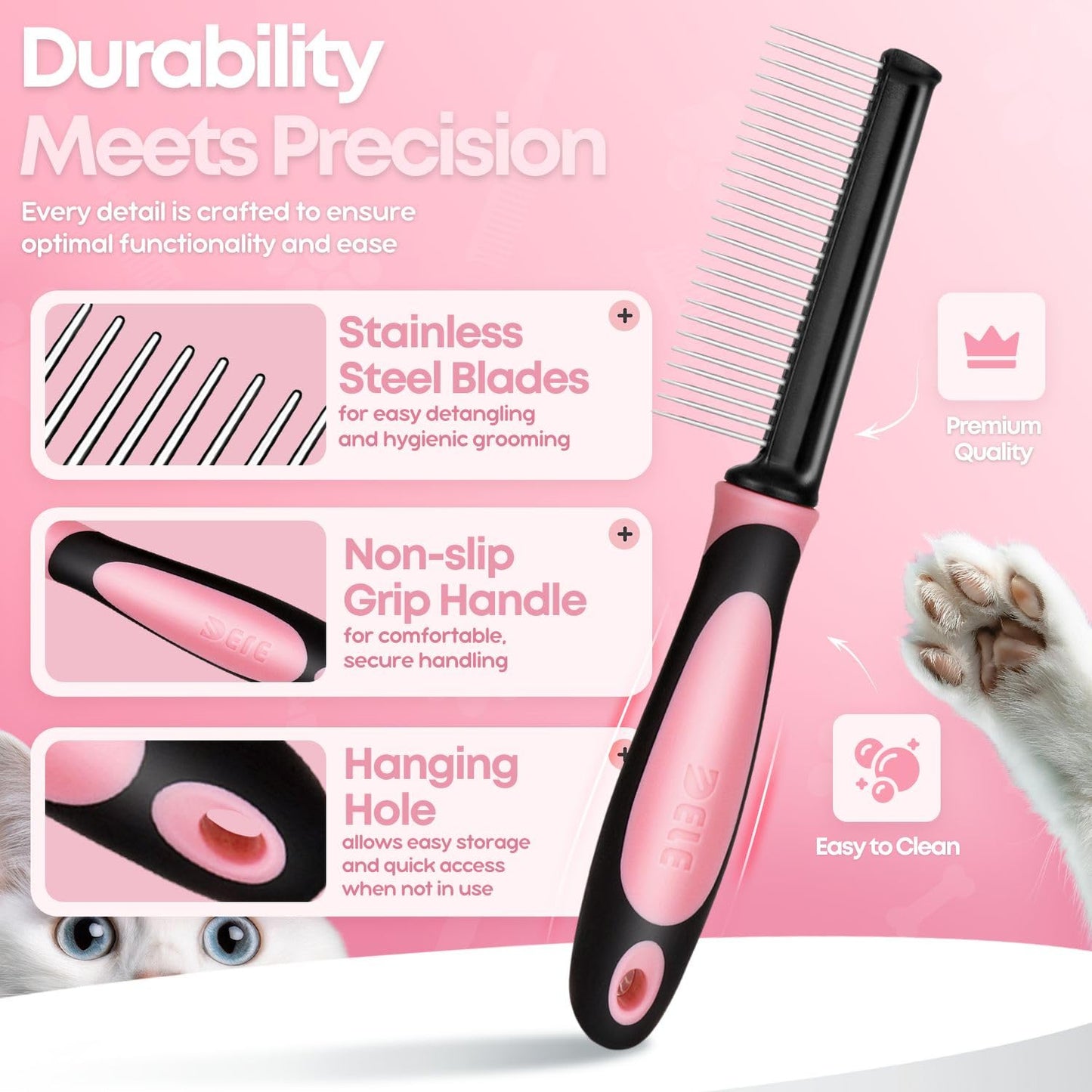 Flexzion Dog Comb - Pet Cat Grooming Trimmer Brush Stainless Steel Blade for Small Animal Puppy Matted Tangles Hair Cutting Removing Tool with Rounded Teeth Needle Soft Grip Handle (Pink)