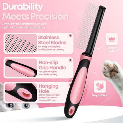 Flexzion Dog Comb - Pet Cat Grooming Trimmer Brush Stainless Steel Blade for Small Animal Puppy Matted Tangles Hair Cutting Removing Tool with Rounded Teeth Needle Soft Grip Handle (Pink)
