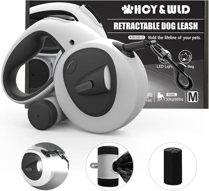 HCY&WLD Upgrade 4-in-1 Retractable Dog Leash with LED Light & Dispenser & Poop Bags, 16 ft Heavy Duty Dog Leash with Anti-Slip Handle for Dogs up to 66 lbs, 360° Tangle-Free, One Button Brake & Lock