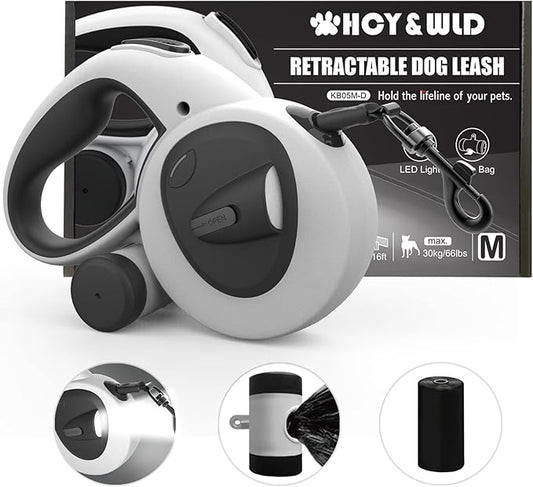HCY&WLD Upgrade 4-in-1 Retractable Dog Leash with LED Light & Dispenser & Poop Bags, 16 ft Heavy Duty Dog Leash with Anti-Slip Handle for Dogs up to 66 lbs, 360° Tangle-Free, One Button Brake & Lock