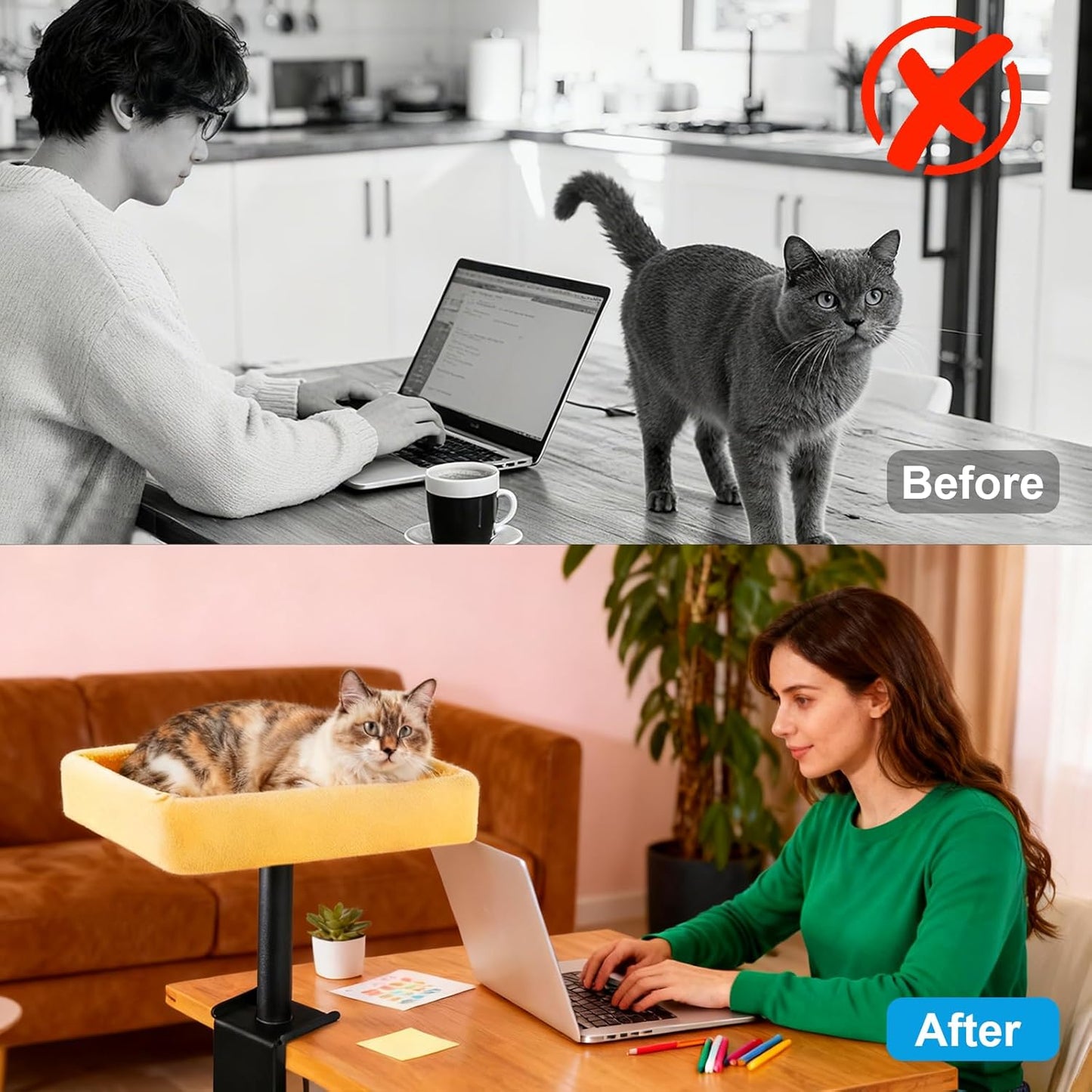Cat Desk Bed, Sturdy Cats Bed for Desk with Washable Cover, Dual-Sided Breathable Summer & Winter, Comfortable Soft Pet Nest Bed with Reinforced Steel Frame, Easy Assembly for Home Office/Study Room