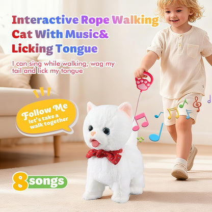 White Leash Walking Cat Set Interactive Talking Cat Singing Dancing Kitten Mimicking Repeat What You Say Kitty Touch and Voice Control Nodding Wagging Tail Plush Electric Kitty for Kid Gril