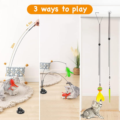 Cat Toys Wand, Interactive Cat Toy with Super Suction Cup Sticky Detachable 12 PCS Feather Replacements 2 Wands Cat Spring Feather Toys for Indoor Cats Kitten Toys (9 Toys Double Headed)