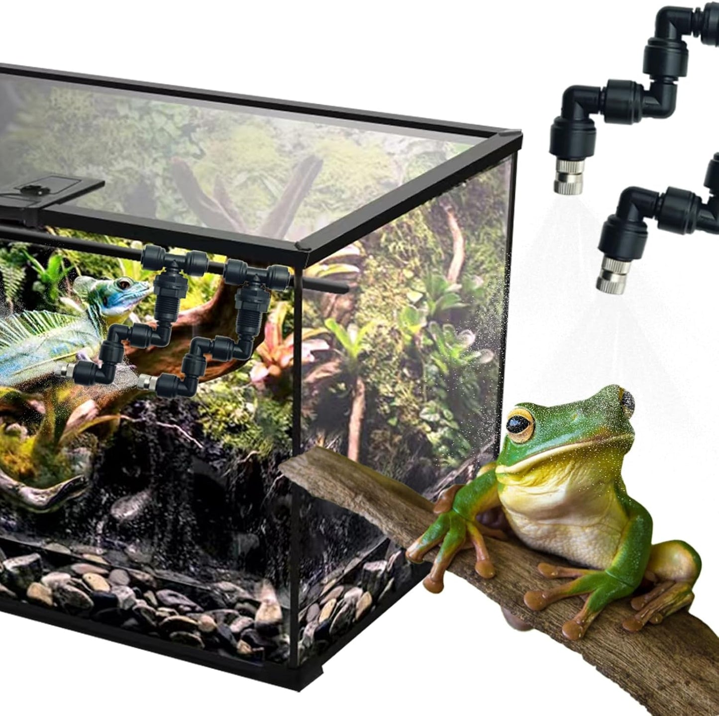Reptile Terrariums Misting Accessories kit, 2PCS Adjustable Reptile Mister Nozzles, with 16ft 1/4 inch Tube, Black
