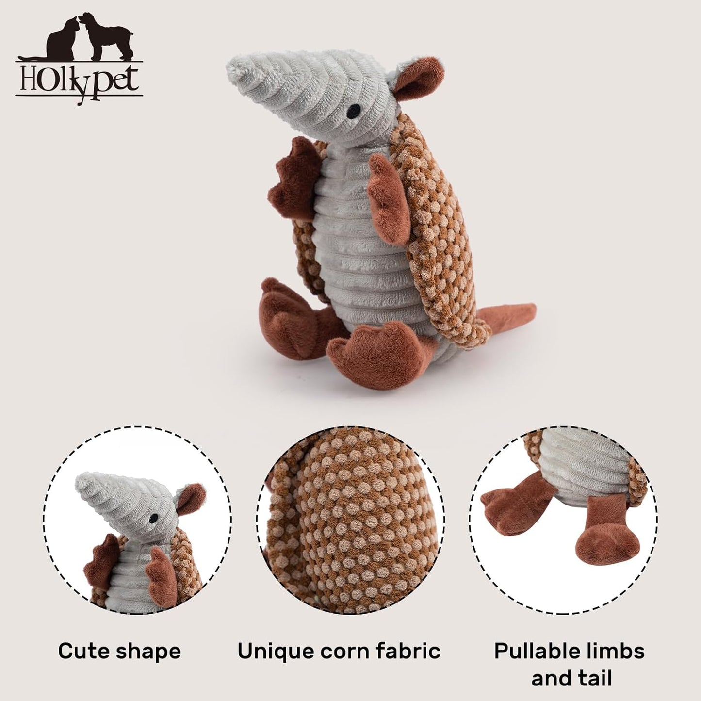 Hollypet Plush Dog Squeaky Toy Stuffed Armadillo Animal Pet Puppy Chew Toys with Clean Teeth for Small Medium Large All Breed Sizes Dogs, Brown and Bronze,8 in