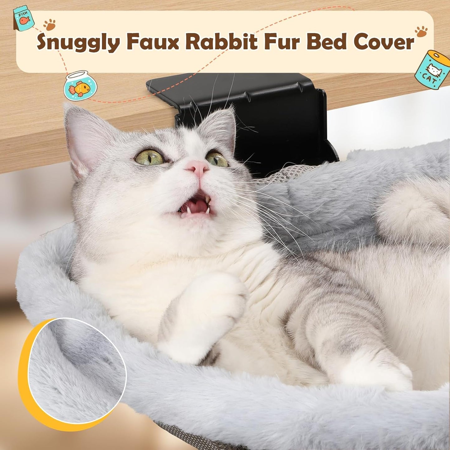 Secure Cat Desk Bed - Extra-Large Clamp & Sunken Hammock Design, Comfy Cat Desk Hammock with Faux Rabbit Fur Cover, Removable & Washable, Holds Up to 40lbs