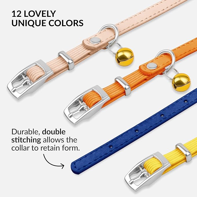 CollarDirect Leather Cat Collar with Bell - Kitten Collar, Small and Big Cat Collar for Boy Cats, Girl Cats with Safety Elastic Strap (Neck Fit 6"-7", Navy Blue)