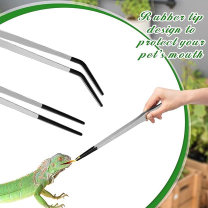 Lasnten 2 Pcs Extra Long Stainless Steel Reptile Feeding Tongs with Rubber Tip Bearded Dragon Aquarium Straight and Curved Long Tweezer Terrarium Feeder Tool for Tank(Silver, 15 Inch)